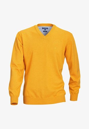 Pull col en V jaune moyen pour homme, à manches longues, avec poignets, ourlet et col côtelés, étiquette Redmond en pur coton.