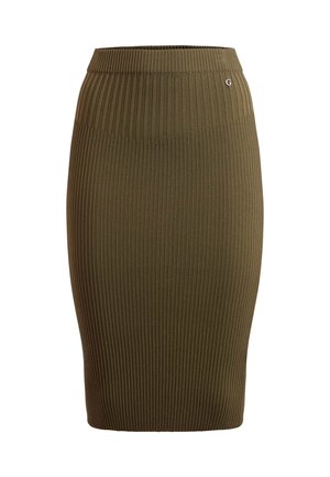 Oliven grøn ribstrikket blyantskørt med elastisk taljebånd. Vertikal tekstur over hele skørtet. Har et lille logodetalje nær taljebåndet.