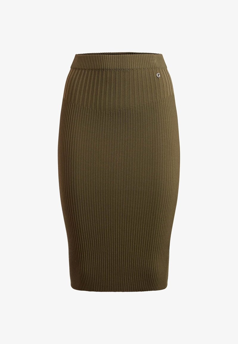 Jupe crayon côtelée couleur vert olive avec une taille élastique. Texture verticale sur toute la surface. Présente un petit détail de logo près de la taille.