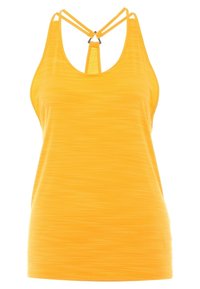 Gul träningslinne med en texturerad, randig design. Har en racerback-stil med flera remmar och en meshbakstycke.
