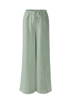 Light green wide-leg pants with elastic waistband and drawstring, made from soft, flowy fabric.