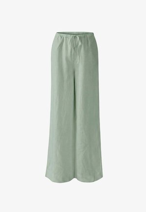 Light green wide-leg pants with elastic waistband and drawstring, made from soft, flowy fabric.