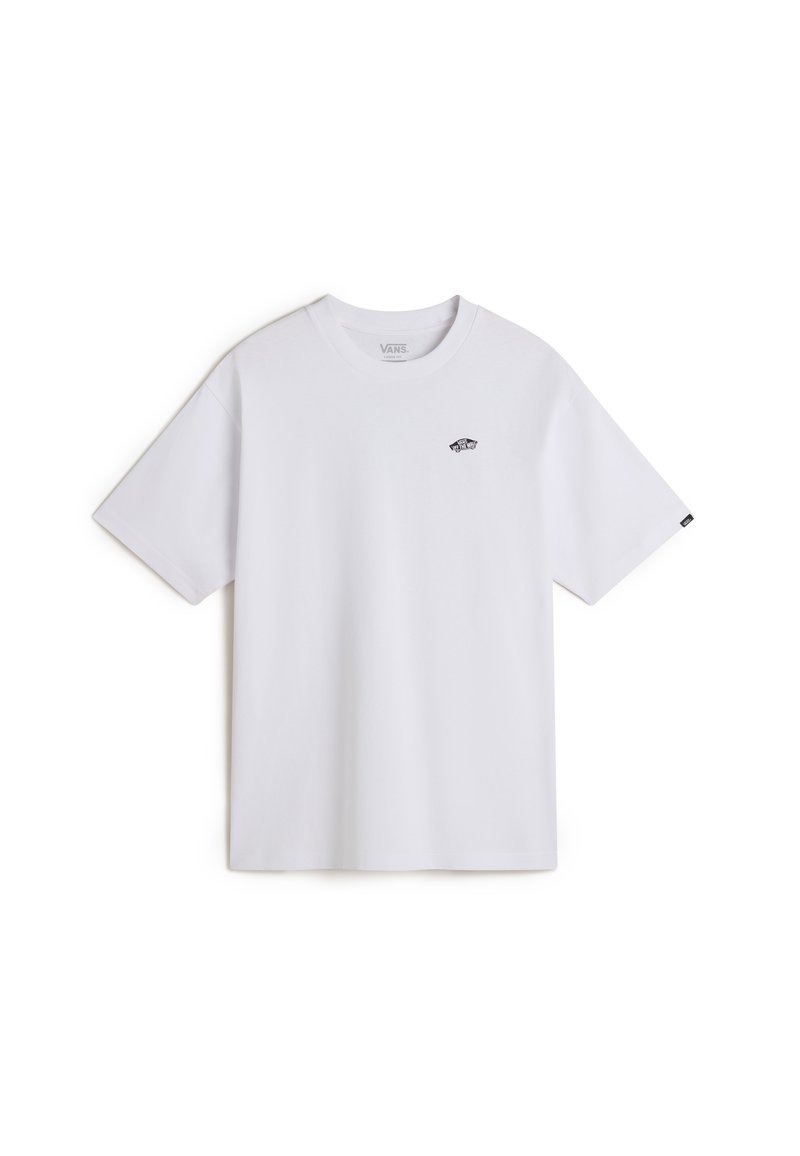 Weißes T-Shirt aus Baumwolle mit einem schwarzen Vans-Logo auf der Brust. Kurze Ärmel und runder Halsausschnitt, mit geradem Saum.