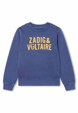 Niebieska bluza z okrągłym dekoltem i długimi rękawami, z żółtym napisem "ZADIG & VOLTAIRE" oraz małą grafiką czaszki w literze "O".