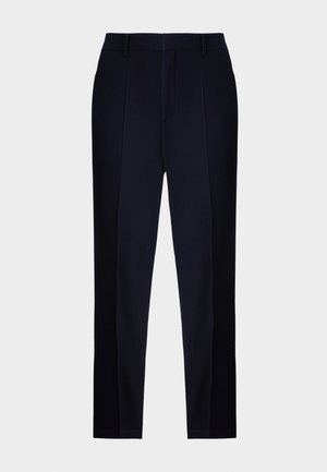 Pantalon ajusté bleu marine avec une texture lisse, doté d'un devant plat, de passants de ceinture et d'une conception slim et fuselée.