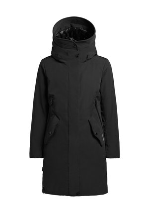Parka nera con colletto alto, chiusure a zip, due tasche laterali e un esterno liscio e resistente all'acqua. Caratterizzato da un design minimalista.