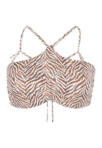Top de bikini con estampado de cebra en marrón y blanco, de diseño sin tirantes. Cuenta con un respaldo entrelazado y dos lazos ajustables para un ajuste personalizable.