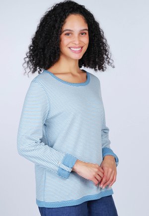 Helles blaues Langarmoberteil mit weißen horizontalen Streifen, Rundhalsausschnitt und gepunkteten Akzenten an den Bündchen. Weiches Material, lockere Passform.