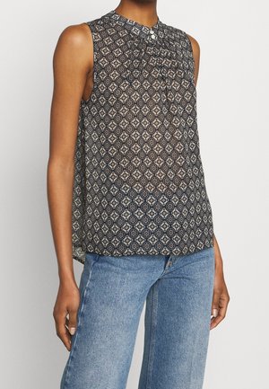 Mouwloze blouse in donker marineblauw met een bloemmotief, voorzien van een ronde halslijn en knoopdetail, gemaakt van lichtgewicht, doorschijnende stof.