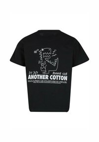 T-shirt nera in cotone a maniche corte, con una grafica di un dinosauro bianco e testo sul retro, che evidenzia un design giocoso e texture.