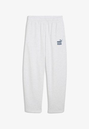 Hvide Puma joggingbukser med elastisk linning og lille marineblåt logo på venstre lår.