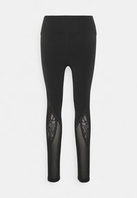 Leggings pretos com uma cintura alta e recortes em rede nas pernas inferiores, apresentando um padrão texturizado. Tecido suave e elástico.