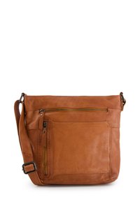 Brown leather shoulder bag with a soft texture, featuring a top zipper closure, front zip pocket, and adjustable strap.