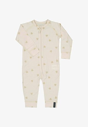 Vauvansikka, vaaleankreemivärinen, jossa on beige sydänkuvio ja edessä vetoketju, pitkät hihat ja ribbauskäänteet.