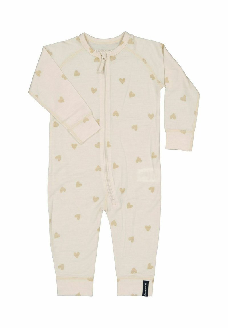 Krämfärgad babys overall med beige hjärtan i mönster och dragkedja framtill, långa ärmar och ribbade manschetter.