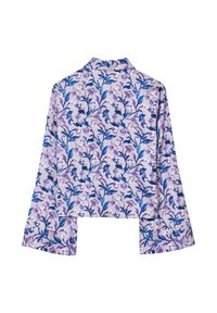 Lila Bluse mit Floralprint, langen Glockenärmeln, einem kragenartigen Ausschnitt und einem kurzen Design mit aufwendigen blauen und lavendelfarbenen Mustern.