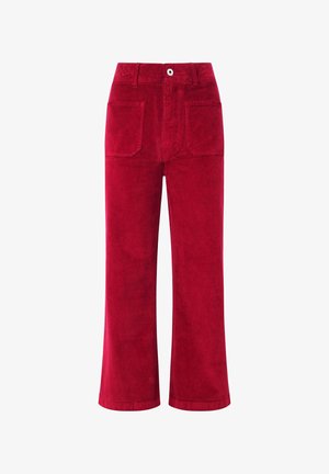 Pantalons en velours côtelé rouge à jambes larges, taille haute, fermeture à bouton et deux poches à l'arrière. Texture douce et finition lisse.