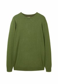 Grön tröja gjord av ett mjukt tyg, med rund halsringning och långa ärmar. Diskret logotypdetalj på bröstet och ribbade fållar.