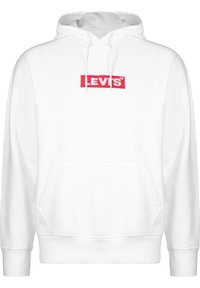 Felpa bianca con cappuccio e tasca a marsupio frontale, con logo Levi's ricamato in rosso sul petto. Materiale in felpa morbido e accogliente.