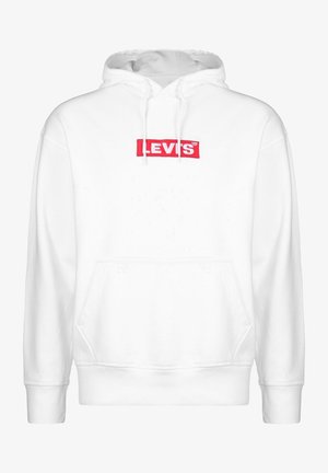 Sudadera blanca con capucha y bolsillo tipo canguro en el frente, que presenta un logotipo bordado de Levi's en rojo a lo largo del pecho. Material de forro polar cómodo.