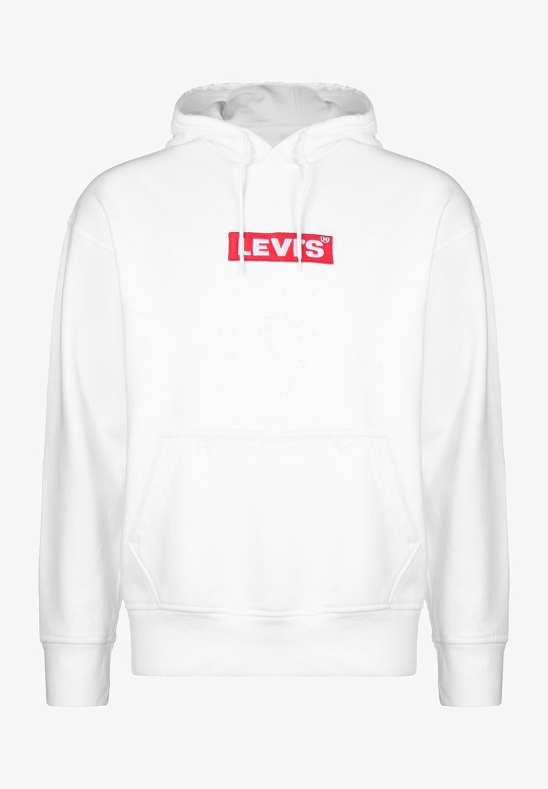 Felpa bianca con cappuccio e tasca a marsupio frontale, con logo Levi's ricamato in rosso sul petto. Materiale in felpa morbido e accogliente.