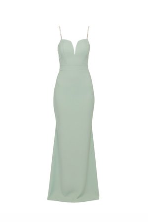 Hellgrünes, figurbetontes Abendkleid mit V-Ausschnitt, dünnen verzierten Spaghettiträgern und bodenlangem Saum.