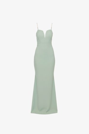 Light green fitted evening gown with V-neckline, thin embellished spaghetti straps, and floor-length hem.