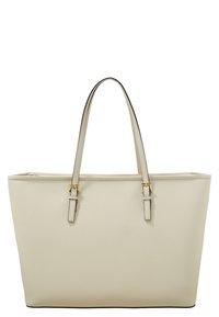 Sac fourre-tout en simili cuir beige avec deux poignées plates, quincaillerie dorée et coutures le long des bords. Forme rectangulaire.