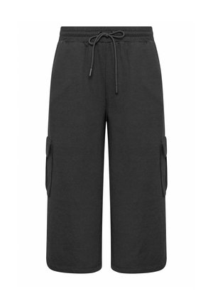 Black wide-leg cropped cargo pants with elastic waistband and drawstring, featuring side flap pockets.