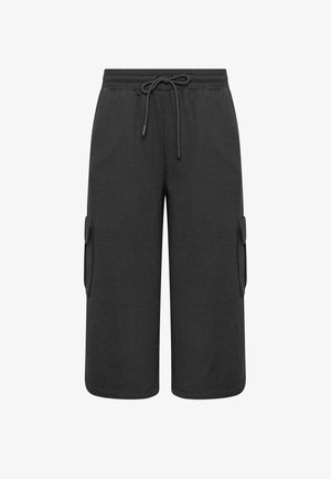 Black wide-leg cropped cargo pants with elastic waistband and drawstring, featuring side flap pockets.