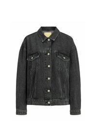 Zwarte denimjacket met een puntige kraag, lange mouwen en twee borstzakken. Voorzien van zilveren hardware en een iets versleten textuur.