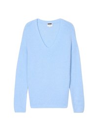 Pullover azzurro chiaro a scollo a V realizzato in materiale morbido, con maniche lunghe e polsini a costine. Nessun motivo o dettaglio metallico visibile.