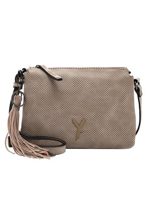 Beige perforated crossbody bag with tassel keychain, adjustable strap, and stitched "Y" detail on front.