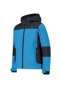 Blå og sort softshell-jakke med justerbar hætte, frontlynlås og logo detaljer. Har to lynlåslommer og elastiske manchetter.