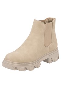 Bottines en daim beige avec panneaux latéraux élastiques, épaisse semelle en caoutchouc avec des crampons prononcés et bout légèrement arrondi.