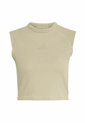 Haut court sans manches beige côtelé avec un col rond et un logo Adidas discret centré sur la poitrine.