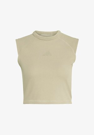 Haut court sans manches beige côtelé avec un col rond et un logo Adidas discret centré sur la poitrine.