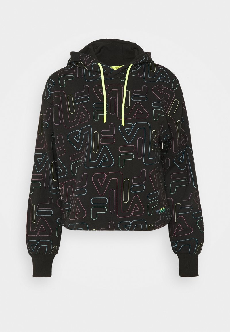 Haut à capuche noir court avec un imprimé du logo FILA multicolore, doté d'une capuche avec cordon de serrage et de poignets côtelés. Tissu doux avec une finition légèrement texturée.