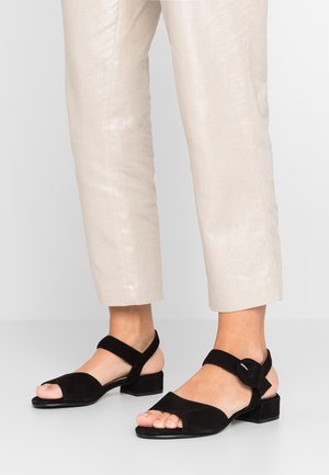 Underben iført beige korte bukser og sorte sandaler med åbne tæer, lave blokhæle og ankelremme med spænder.