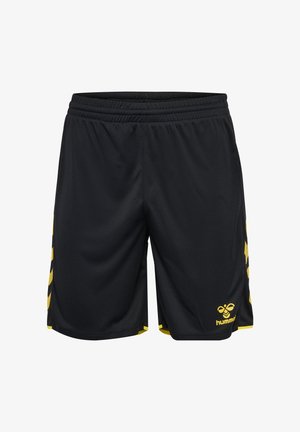 Zwarte atletische short met gele accenten, elastische tailleband en geel hummel-logo op het rechtervoorbeen.