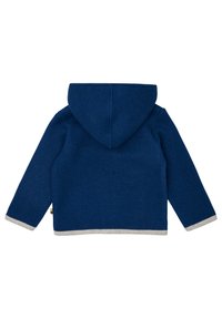 Marineblaues Fleece-Hoodie mit einer abgerundeten Kapuze, grauen Abschlüssen an den Bündchen und dem Saum sowie einer weichfühlenden Textur. Verfügt über einen entspannten Schnitt mit sichtbaren Nähten.