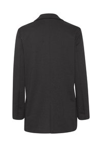 Blazer de manga larga gris oscuro con cuello, mostrado desde atrás, con una costura recta en el centro.