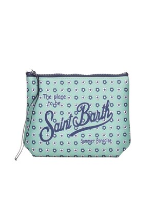 Pochette bleu clair zippée avec petites fleurs blanches et bleu marine, et texte « The place to be Saint Barth Summer Paradise » en police bleu marine.