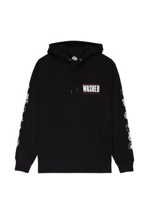 Black hoodie with "WASHED" text on chest, small red triangle pattern, and white graphic faces running down both sleeves.