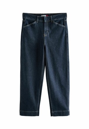 Dark blue denim trousers with a straight leg design, five pockets, and contrasting gold stitching. The cuffs are rolled up at the hem.