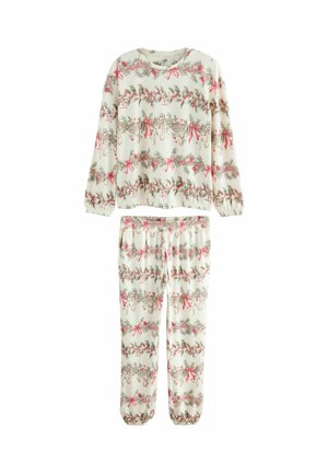 Floral-patterned pajama set in cream with pink bows and green accents. Features long sleeves and elastic cuffs, with matching elastic-waist pants.