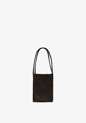 Small black woven shoulder bag with double straps, rectangular shape, on plain white background.