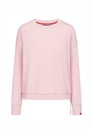 Lichtroze sweatshirt met lange mouwen, ronde hals en een subtiele logo in het midden. Bevat zijritsen en geribde manchetten. Zachte stof.