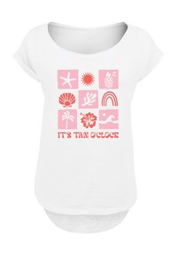 White t-shirt with short sleeves, featuring a pink graphic design of various icons including a starfish, sun, pineapple, and palm tree, with the text "IT'S TAN O'CLOCK."