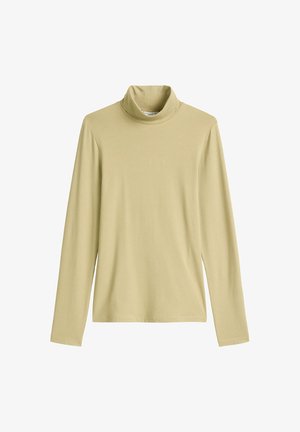 Haut à col roulé à manches longues en tissu léger et doux ; couleur vert olive clair ; design minimaliste avec des poignets et un ourlet sans couture.